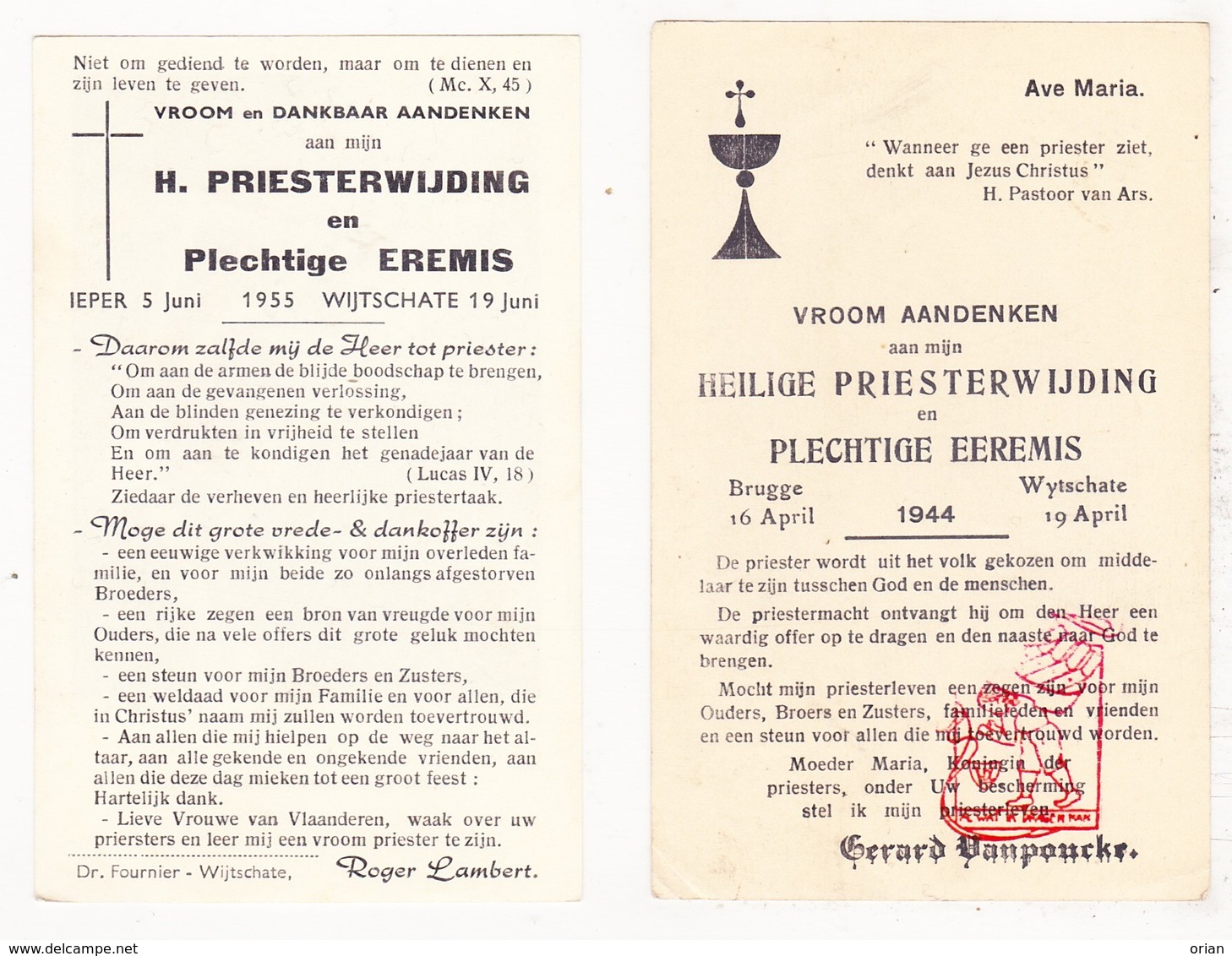 Devotie - 2x Priesterwijding EH G. VanPoucke 1944 & EH R. Lambert 1955 / Wijtschate - Images Religieuses