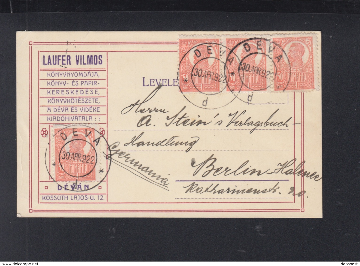 Romania PC 1922 Deva To Berlin - Briefe U. Dokumente