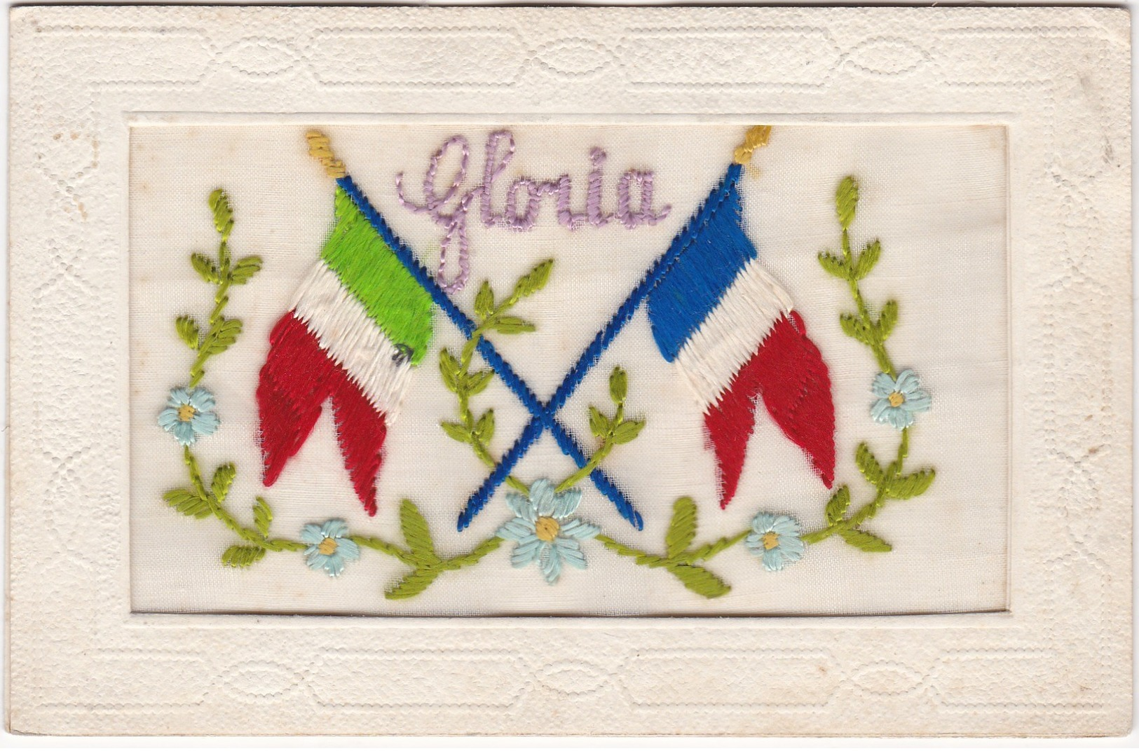 CARTE BRODEE MILITAIRE DRAPEAU FRANCE ITALIE GLORIA - Autres & Non Classés