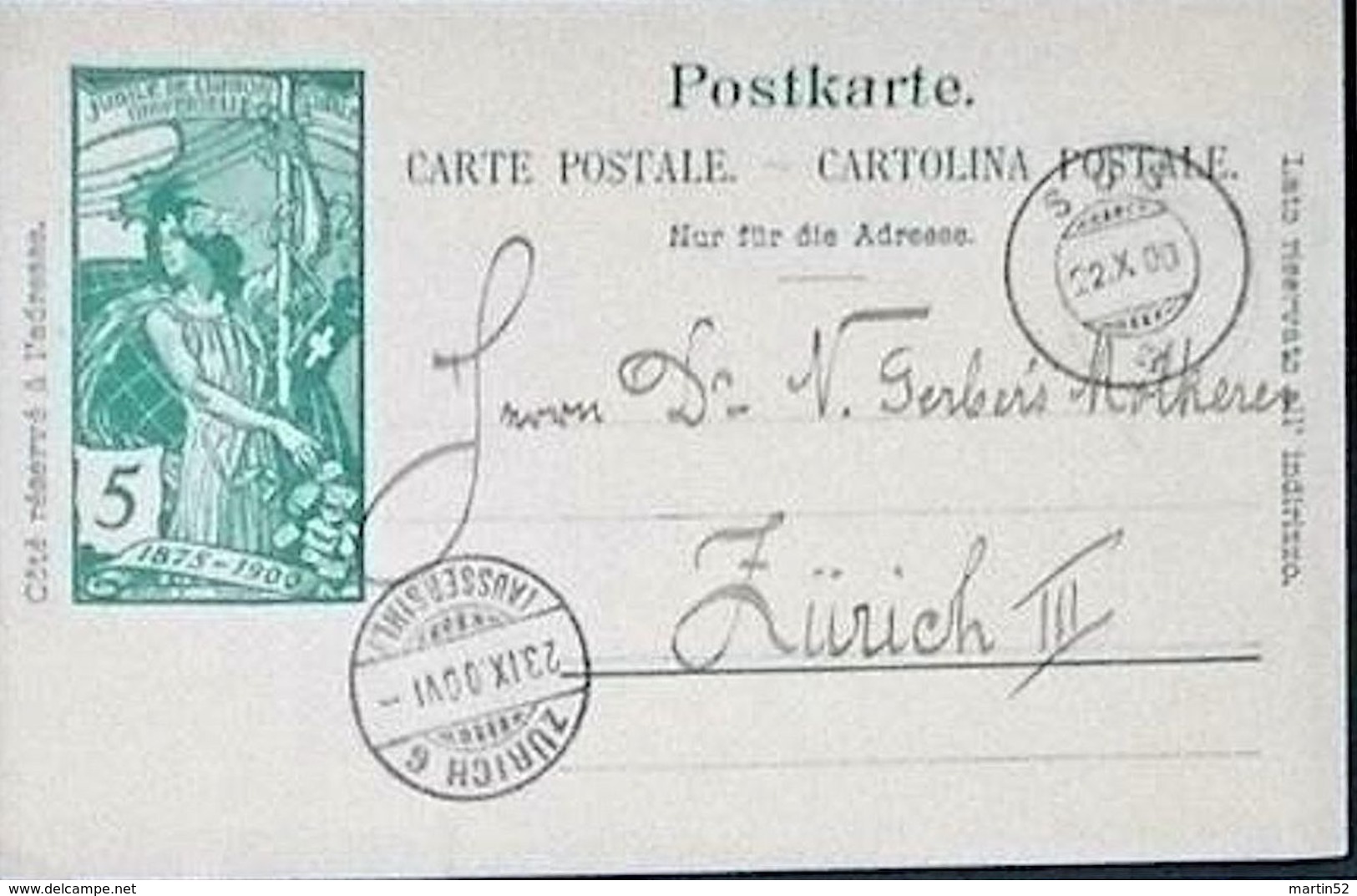 Schweiz Suisse 1900: PK "25 Jahre UPU" CP "Jubilé UPU" 5c Grün Vert Mit O SÜS 22.X.00 Nach ZÜRICH (AUSSERSIHL) - Entiers Postaux