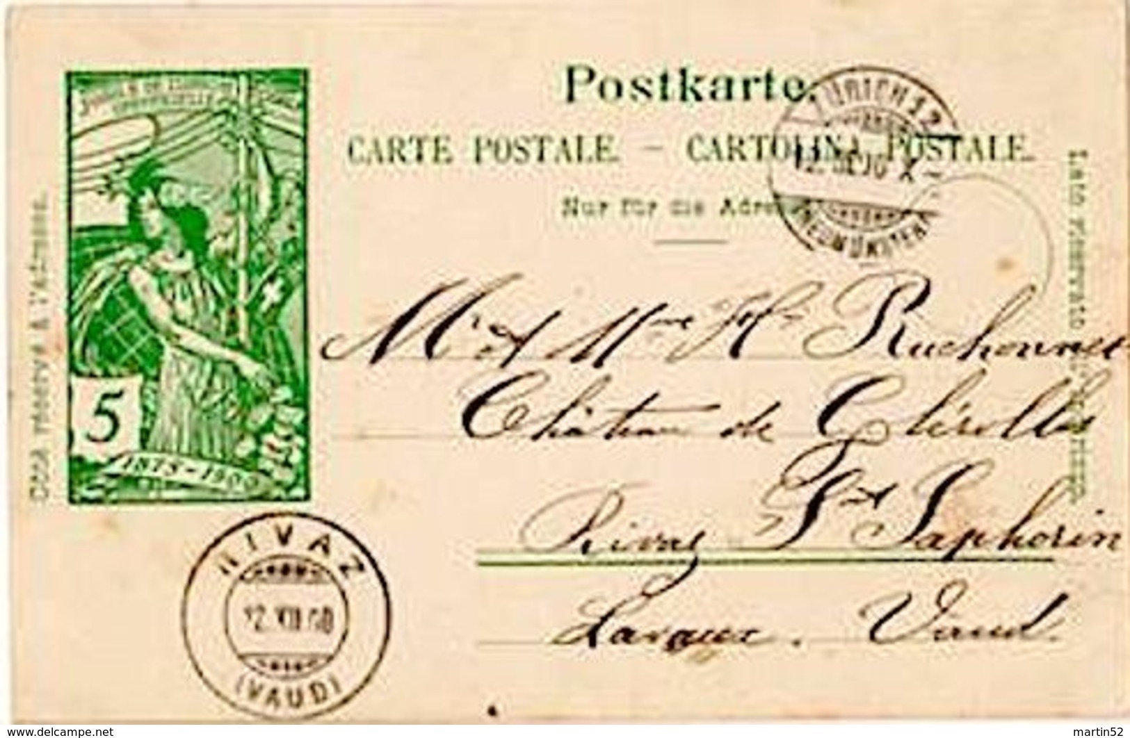 Schweiz Suisse 1900: PK "25 Jahre UPU" CP "Jubilé UPU" 5c Grün Vert O ZÜRICH 12.XII.00 Pour RIVAZ (VAUD) - Vins & Alcools