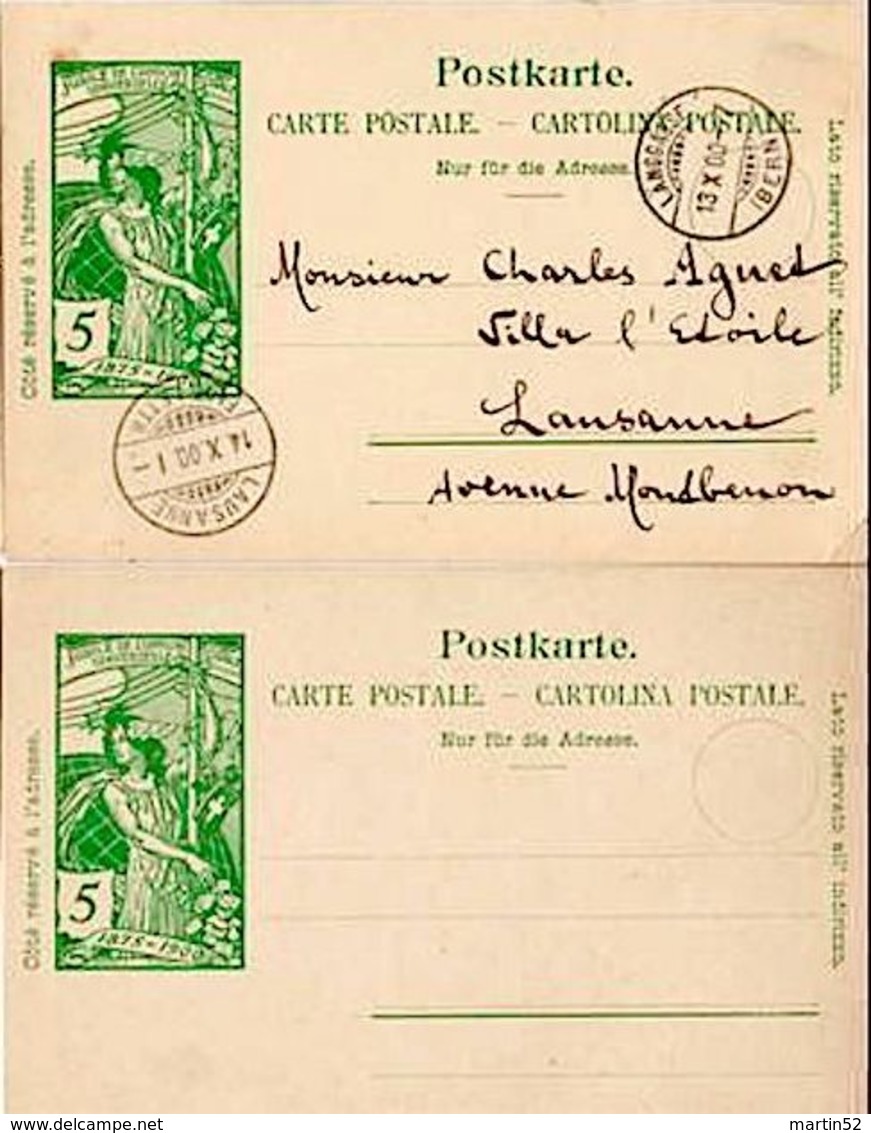 Schweiz Suisse 1900: PK "25 Jahre UPU" CP "Jubilé UPU" 5c Grün Vert O BERN 13.X.00 Pour LAUSANNE & Non Circulé - U.P.U.