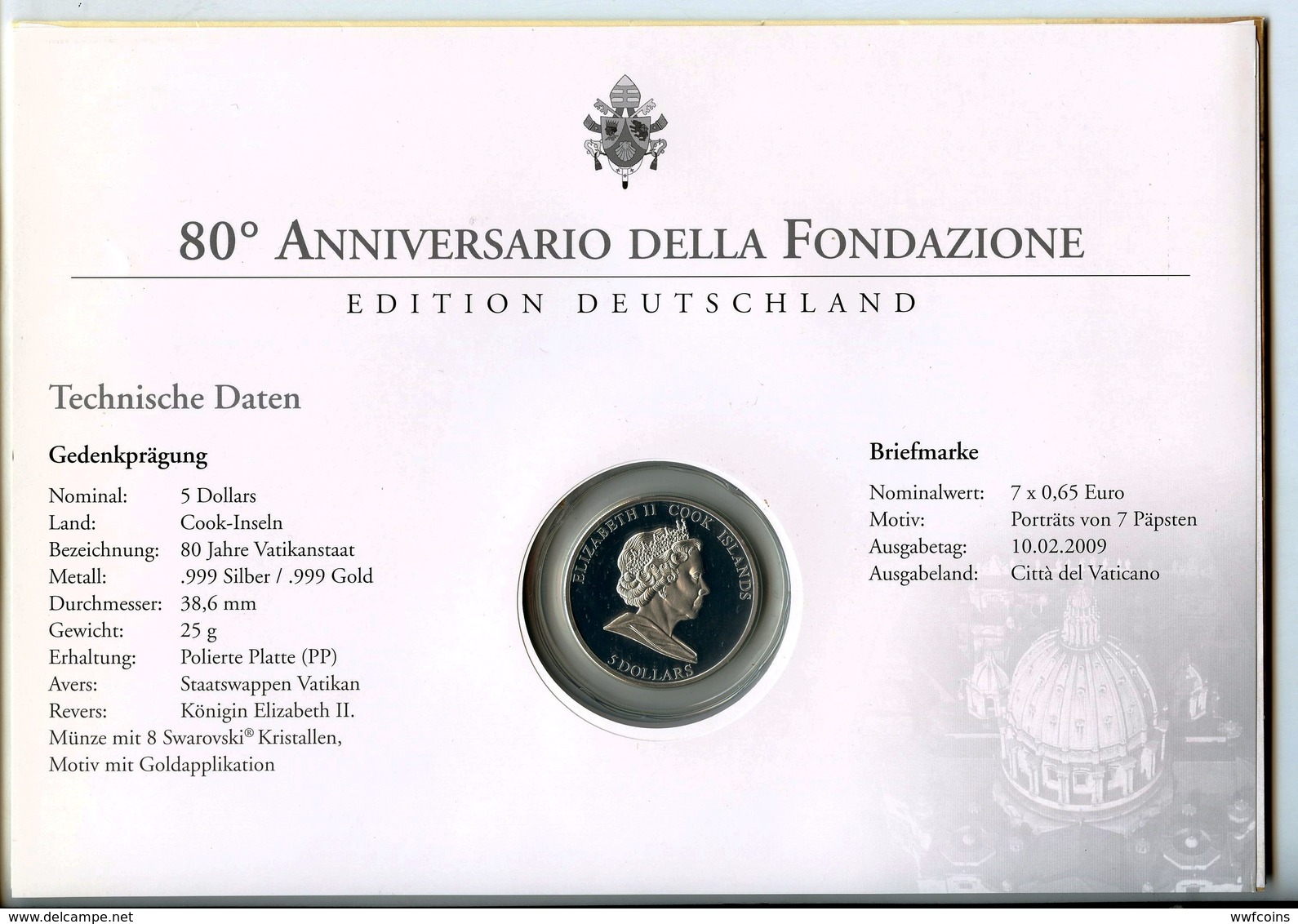 COOK ISLANDS 5 $ 2010 ARGENTO PROOF 999 SILVER+GOLD+SWAROVSKI 80 YEARS VATICAN CITY STATE POST CARD PESO 25g. TITOLO 0,9 - Cook