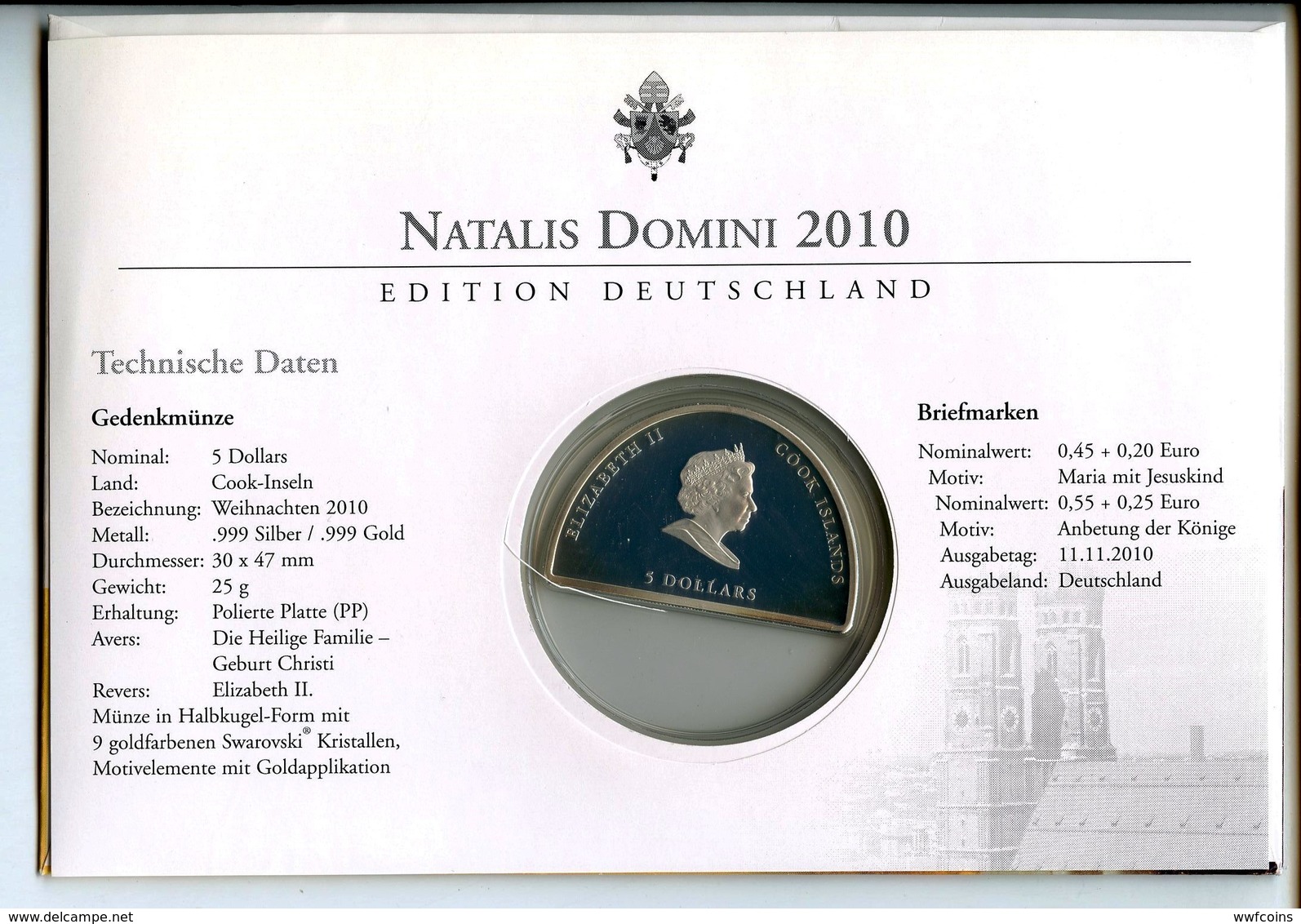 COOK ISLANDS 5 $ 2010 ARGENTO PROOF 999 SILVER+GOLD+SWAROVSKI CHRISTMAS NATALIS DOMINI RARE FIRST DAY POST CARD PESO 25g - Isole Cook