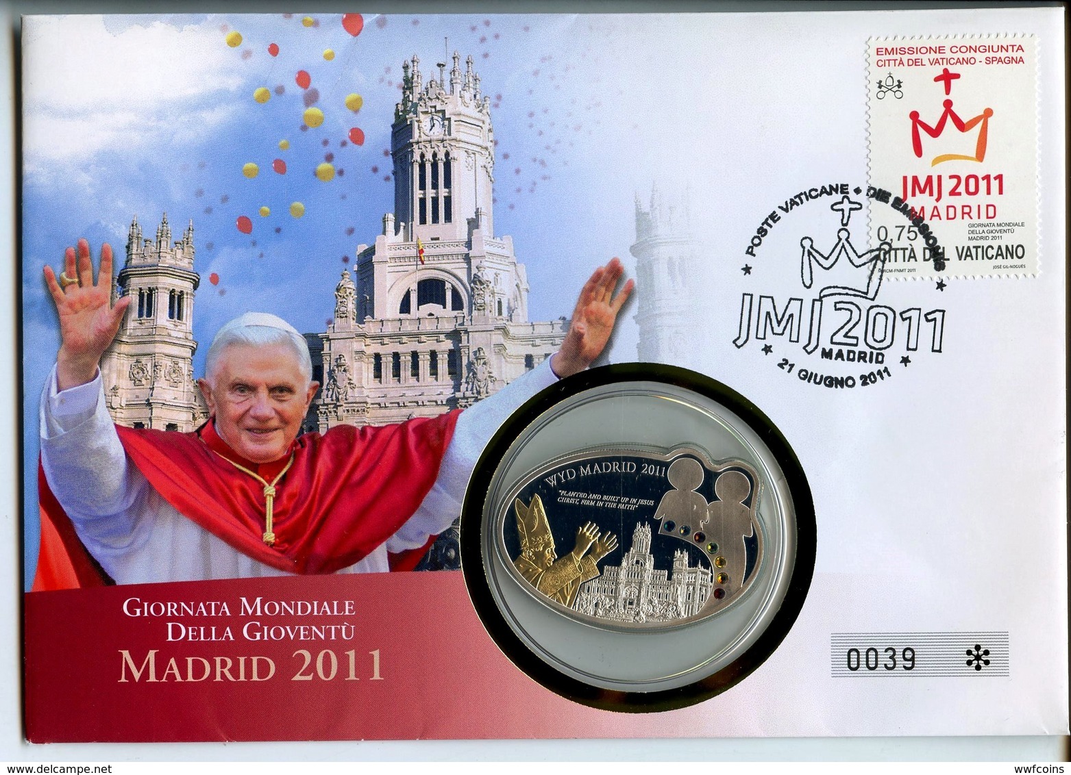 COOK ISLANDS 5 $ 2011 ARGENTO PROOF 999 SILVER+GOLD+SWAROVSKI MADRID GIORNATA GIOVENTU FIRST DAY POST CARD RARE PESO 25g - Cook