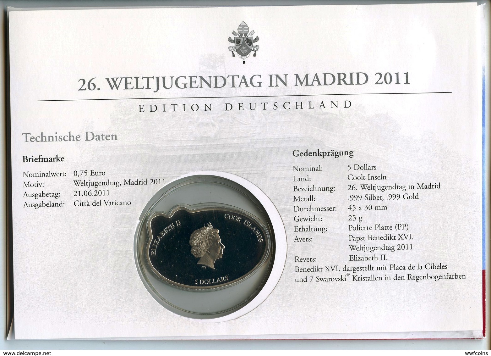 COOK ISLANDS 5 $ 2011 ARGENTO PROOF 999 SILVER+GOLD+SWAROVSKI MADRID GIORNATA GIOVENTU FIRST DAY POST CARD RARE PESO 25g - Cook