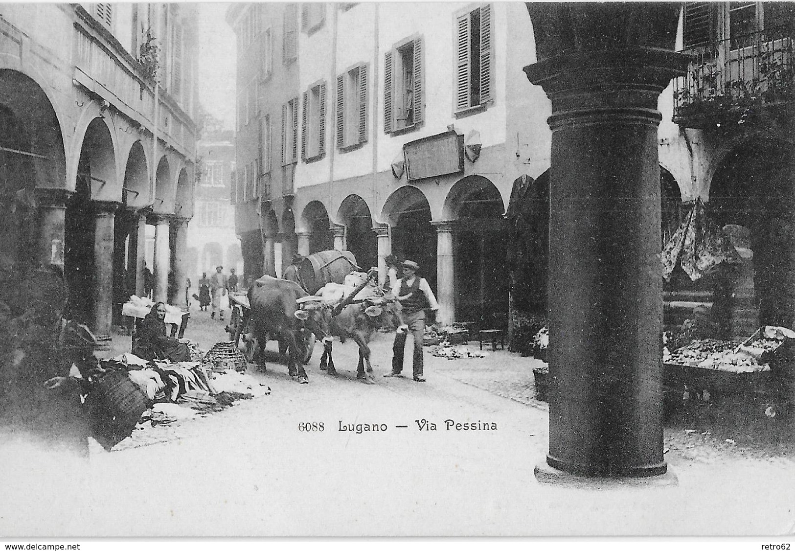 MERCATO A LUGANO → Markt In Der Via Pessina,  Bauer Mit Ochsengespann, Ca.1900 - Lugano