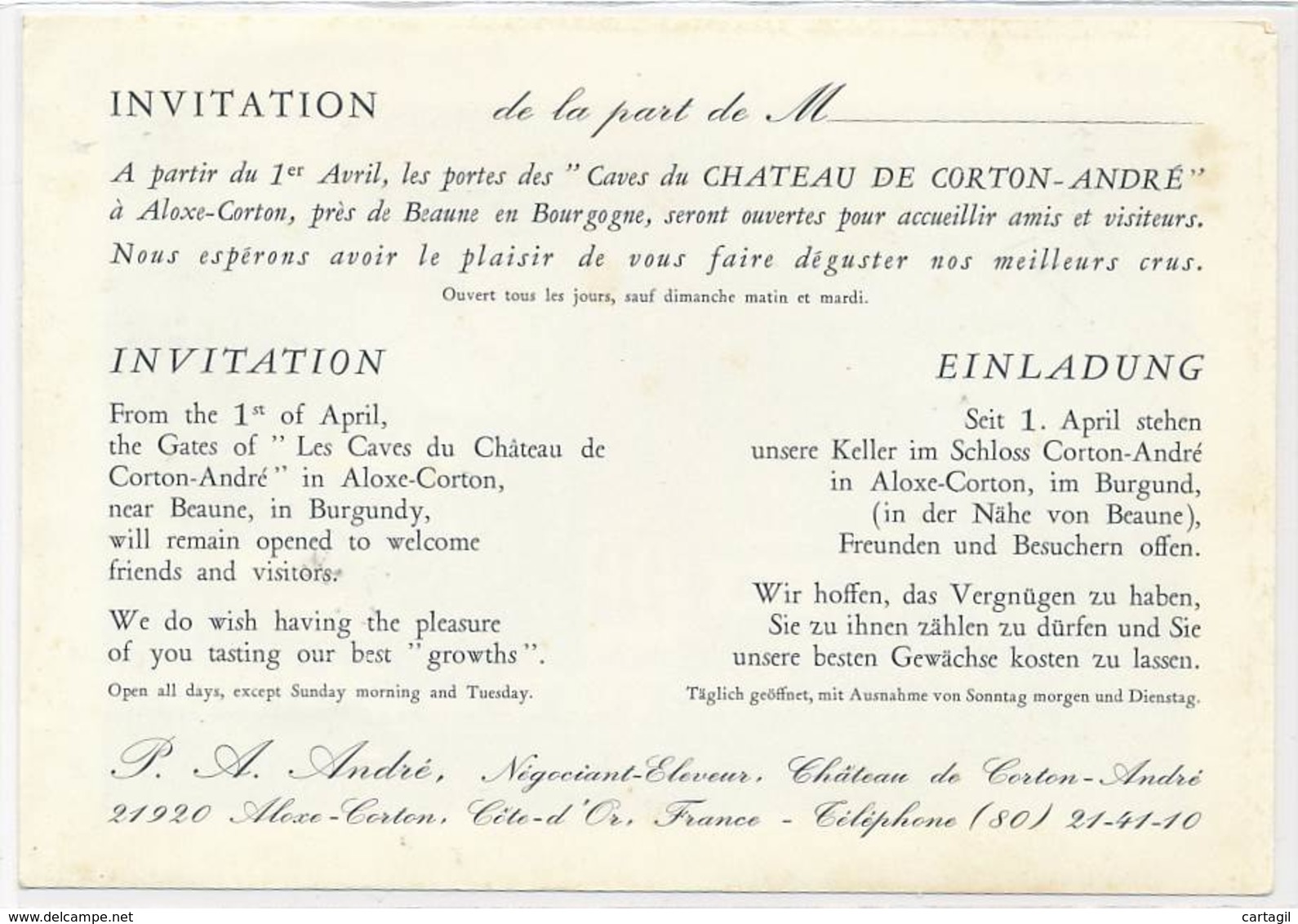 VP ( Voir 2 Scans) -B3402  - 21 -Aloxe Corton --Invitation Viticulteur André-Envoi Gratuit - Agricoltura