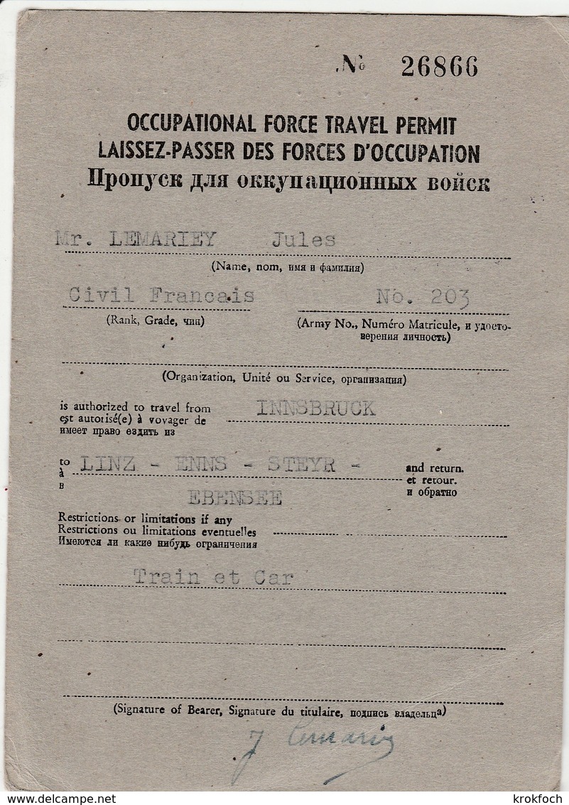 Laissez-passer Forces Occupations Innsbruck 1948 - Autriche Ostrerreich - Occupational Force Travel Permit - Other & Unclassified