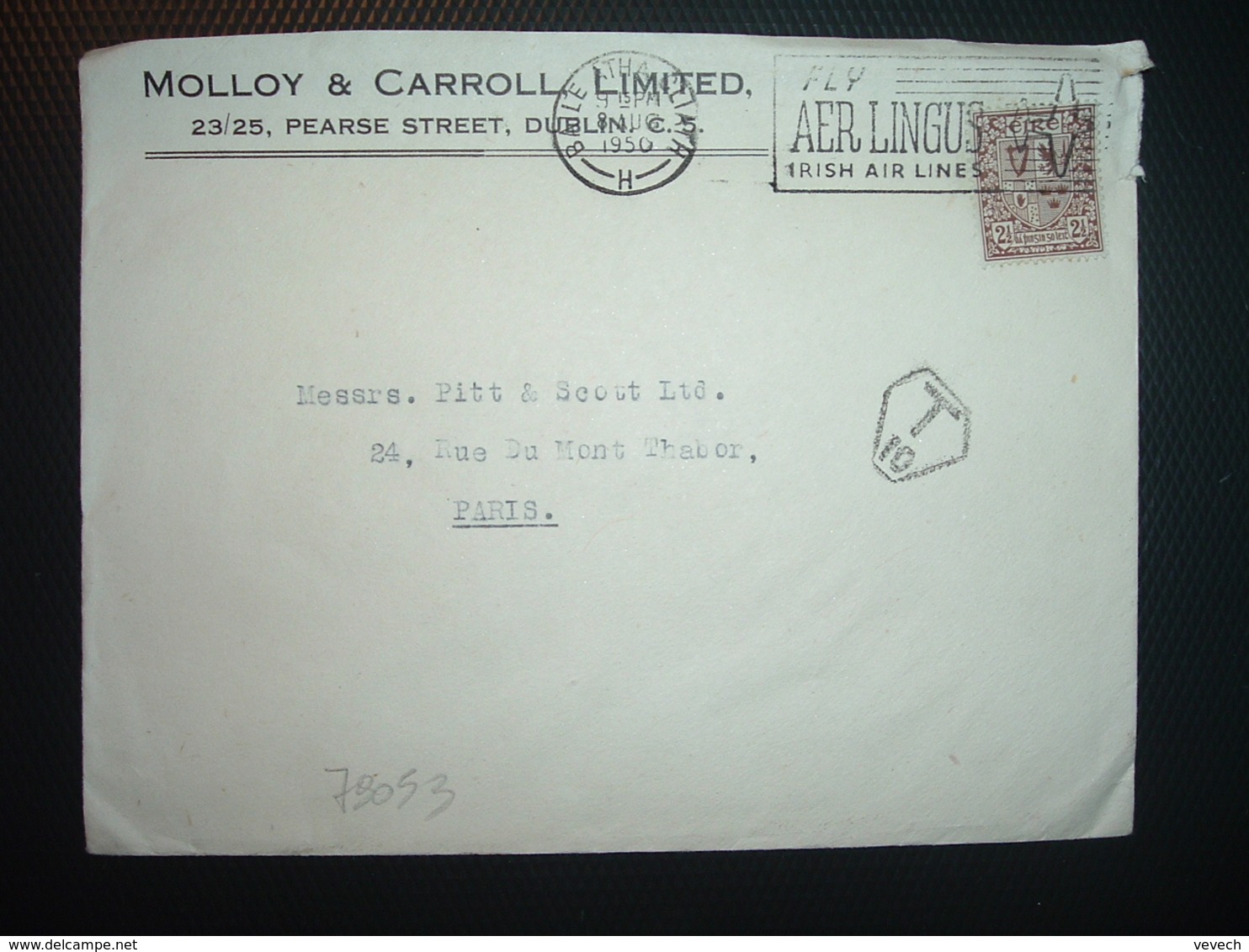 LETTRE TP 2 1/2 OBL.MEC.8 AUG 1950 + MOLLO & CARROLL LIMITED + DUBLIN + TAXE T 10 - Cartas & Documentos
