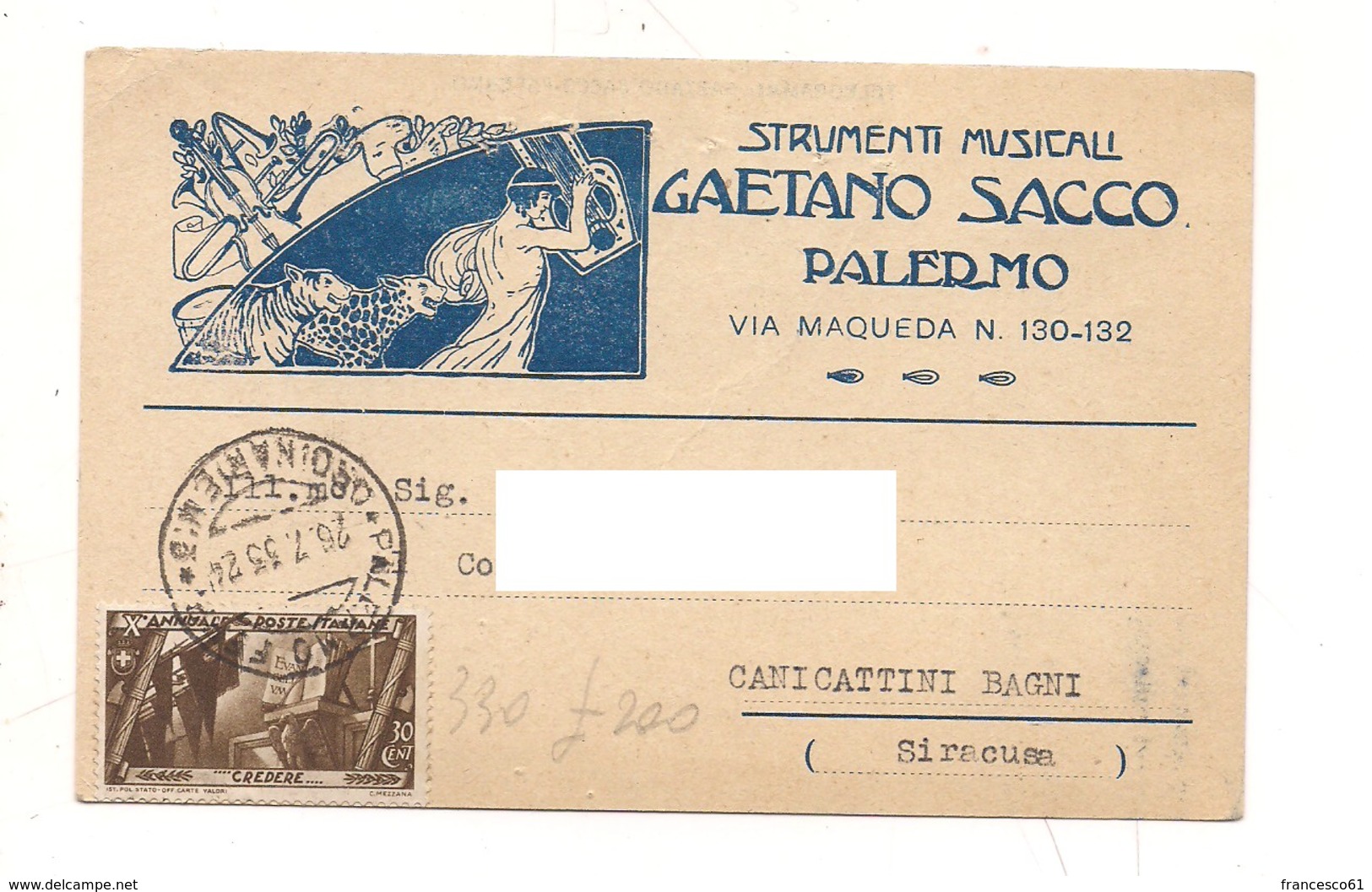 PA519 SICILIA PALERMO Pubblicitaria Strumenti Musicali Sacco 1933 Viaggiata - Altri & Non Classificati