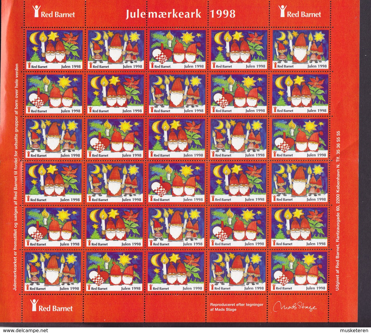 Denmark Full Sheet Christmas Seal 1998 Red Barnet Save The Child Artist : Mads Stage MNH** - Feuilles Complètes Et Multiples