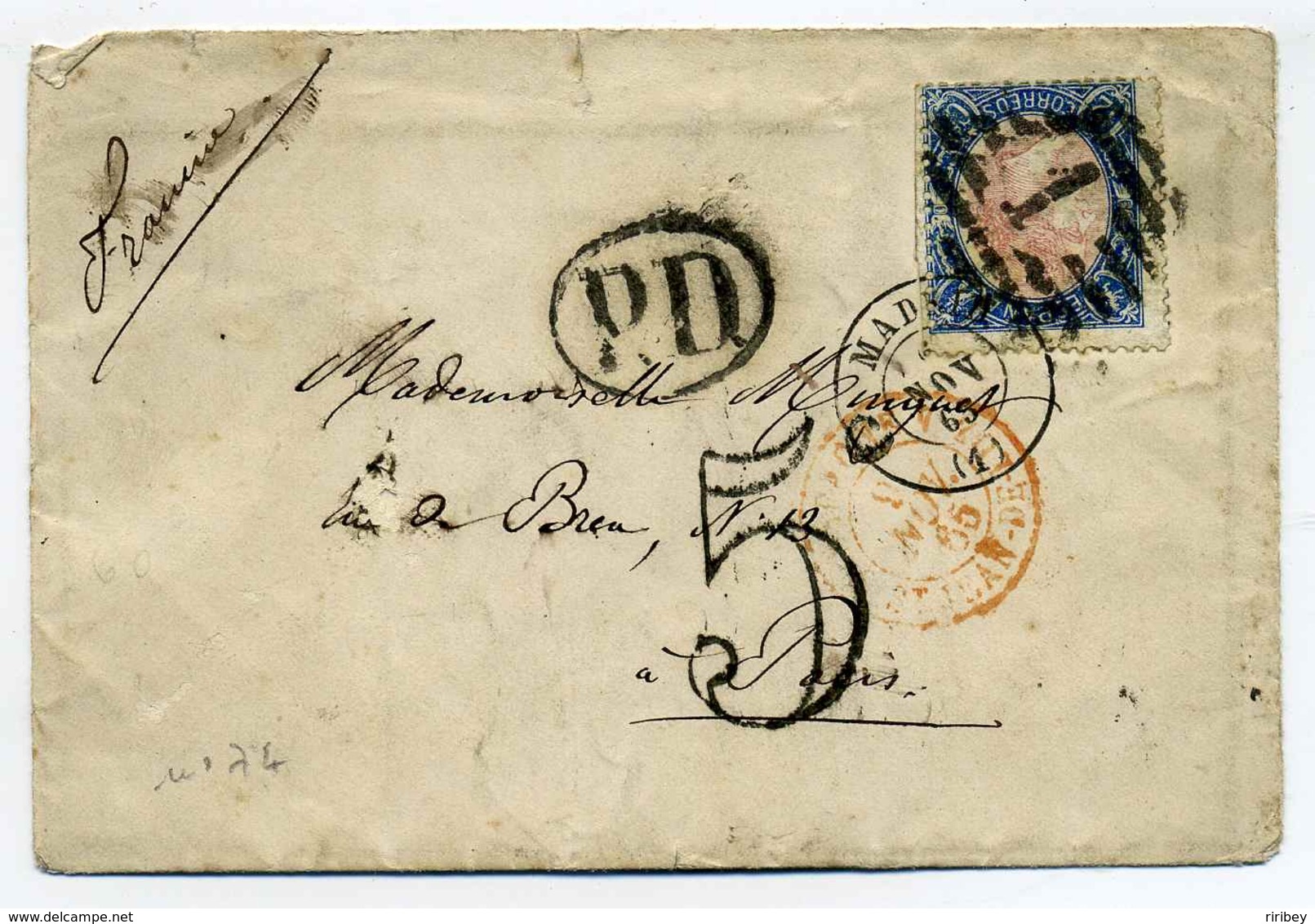 LSC De MADRID + Entrée En France Espagne Par St Jean De Luz / Aff YT N°74 Seul Sur Lettre / Taxe TDT 5c /1863 - Entry Postmarks