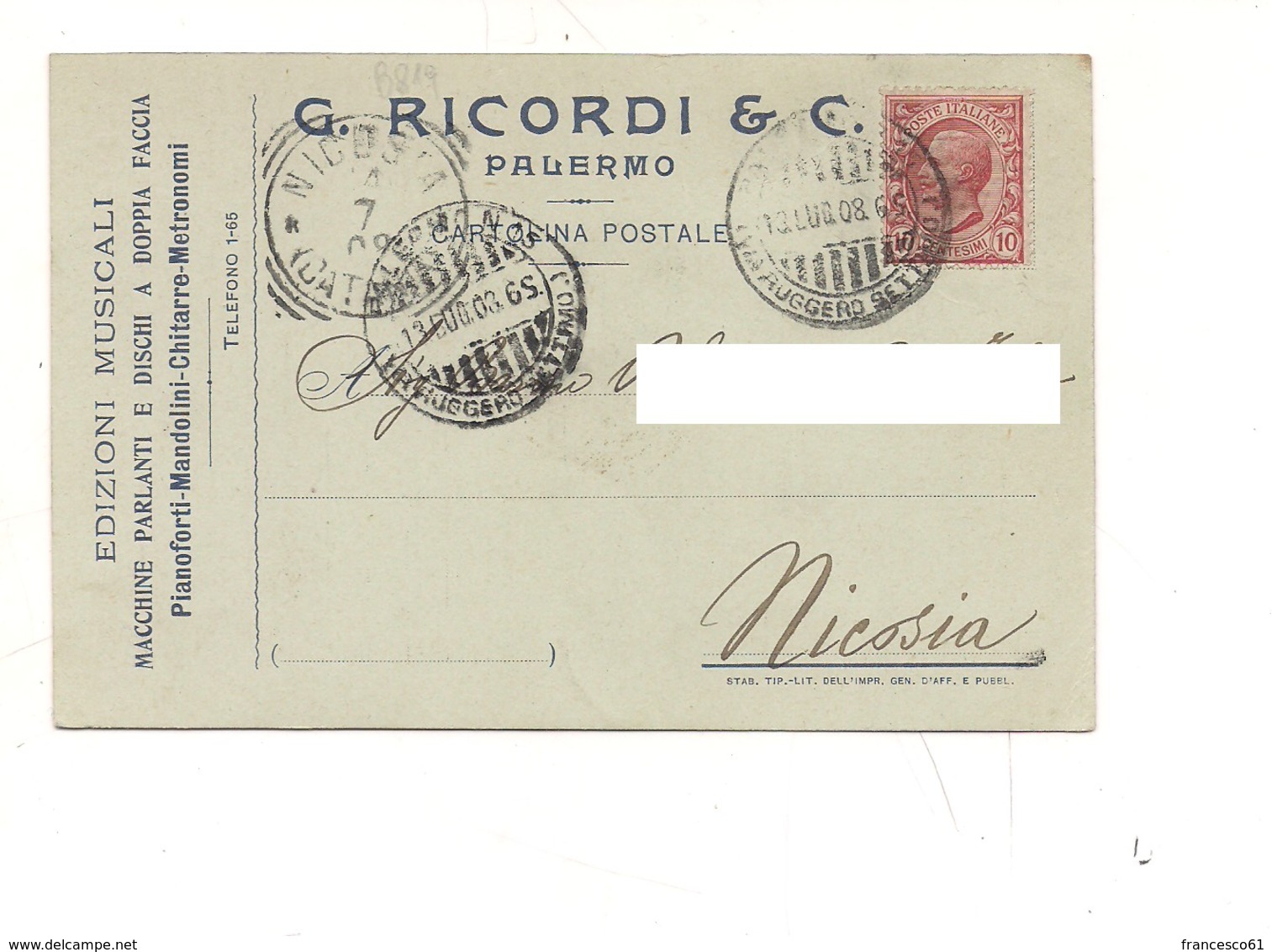 PA520 SICILIA PALERMO Pubblicitaria Strumenti Musicali RICORDI 1908 Viaggiata - Altri & Non Classificati