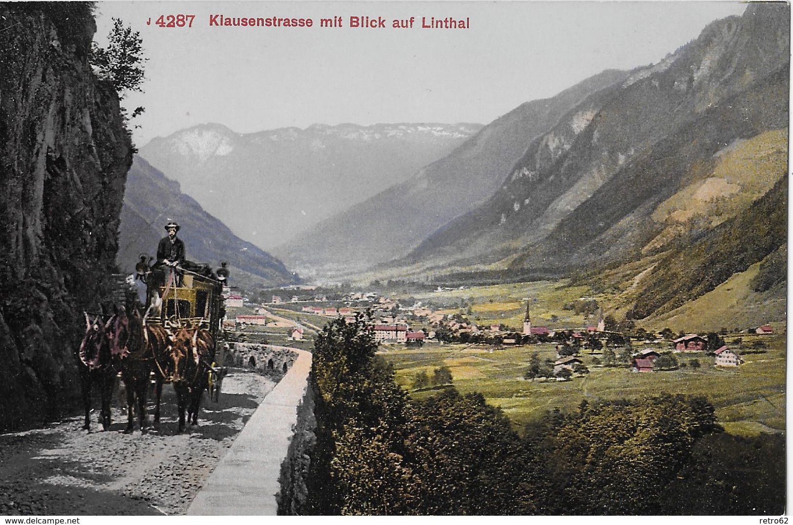 KLAUSENSTRASSE → Postkutsche Oberhalb Linthal, Ca.1920 - Linthal