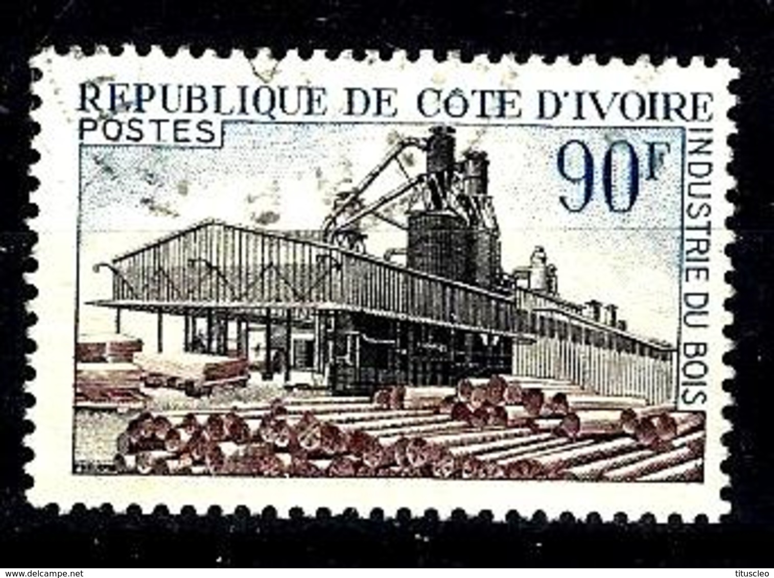 COTE D'IVOIRE 276° 90f Bleu, Noir Et Brun-lilas Industrialisation Industrie Du Bois (10% De La Cote + 0,25) - Ivoorkust (1960-...)