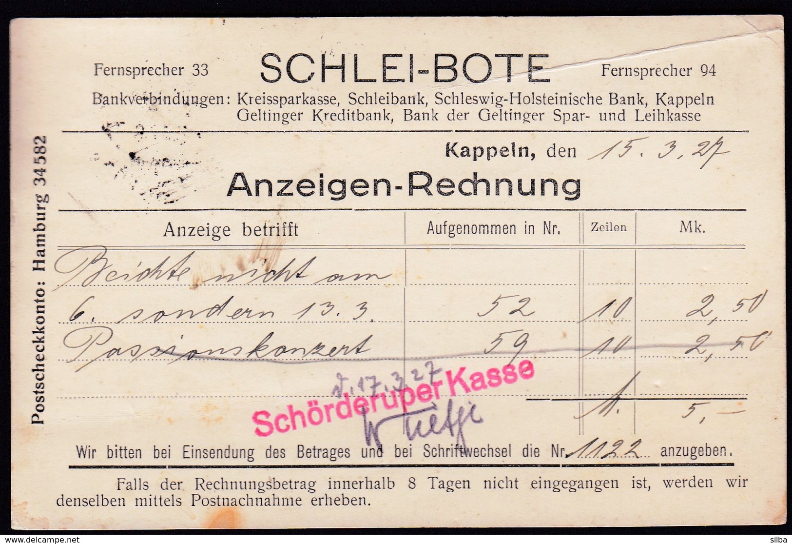 Germany Deutsches Reich Kappeln 1927 / Postkarte / Schlei - Bote, Anzeigen - Rechnung - Briefe U. Dokumente