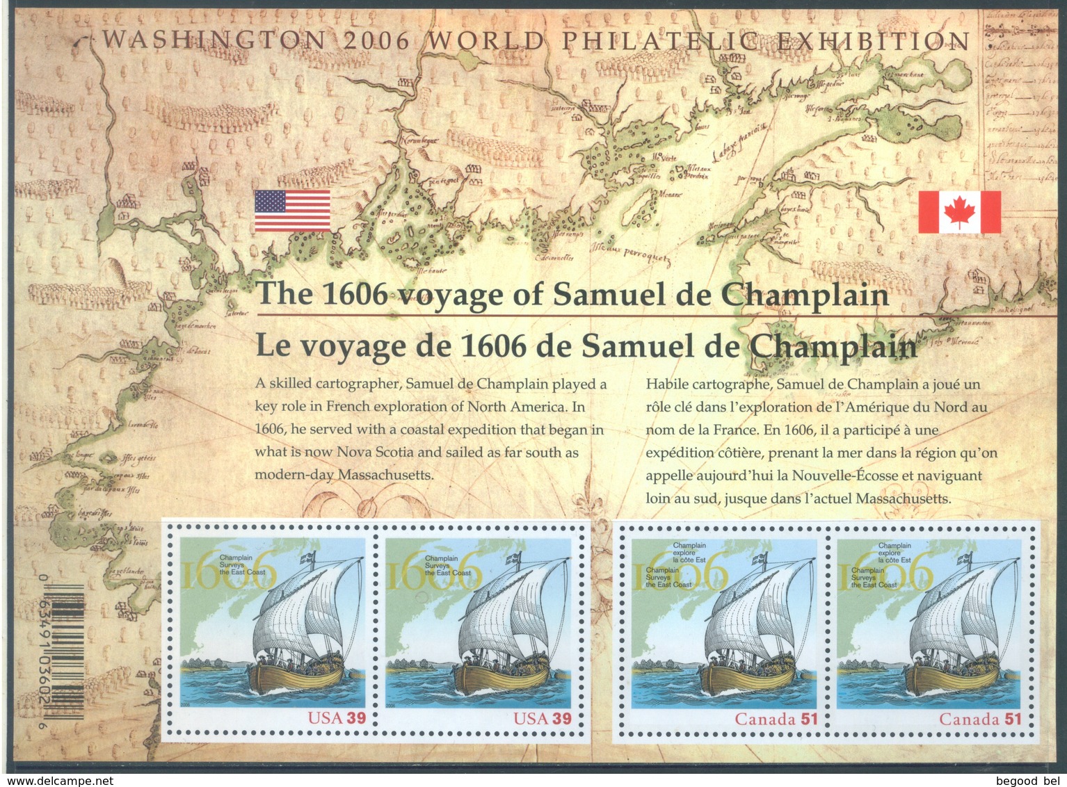 CANADA  - MNH/*** LUXE - 2006 - COMMON ISSUE WITH USA  SAMUEL DE CHAMPLAIN - Yv BLOC 85 - Lot 18508 - Blocs-feuillets