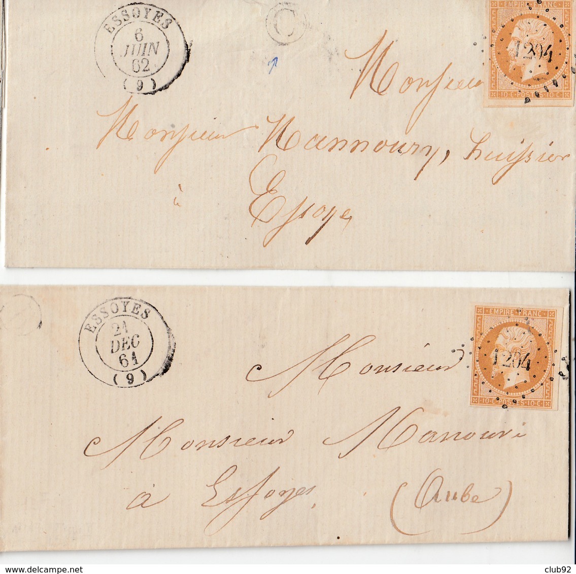 N° 13 ( TYPE 1 & 2 Margés) / 2 L  De PC 1204 De ESSOYES Les 21.12.61 & 6.6.62  / Au Départ Des Boites Rurales "B & C " - - 1853-1860 Napoléon III