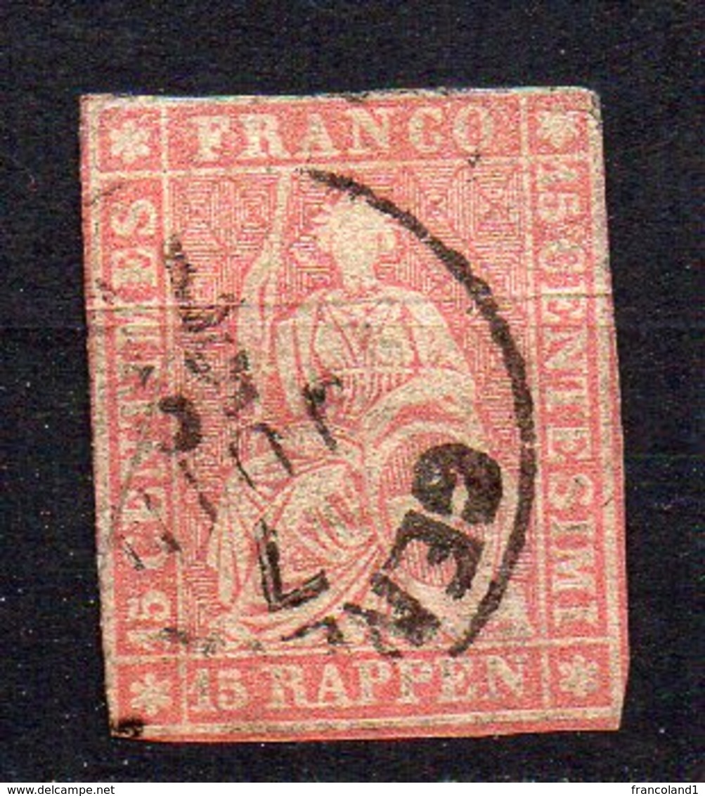 1854 Svizzera Helvetia Unificato N. 28  15 R Rosa Timbrato Used - Usati