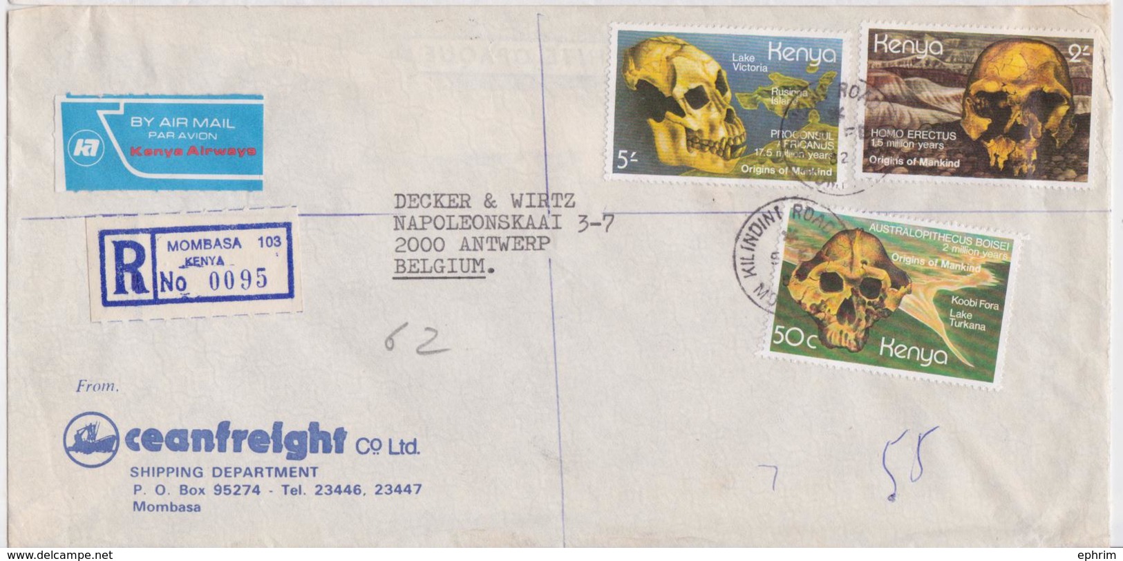 Kenya Mombasa Enveloppe Lettre Affranchissement Timbre Homo Erectus Paléontologie Origins Of Mankind Skull Stamp - Kenya (1963-...)