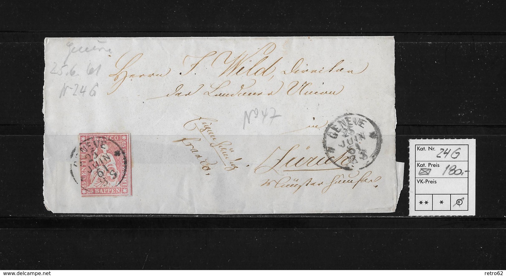 1854-1862 SITZENDE HELVETIA Ungezähnt (Strubel)  → Franco Genf Nach Zürich  SBK-24G/B4 - Storia Postale