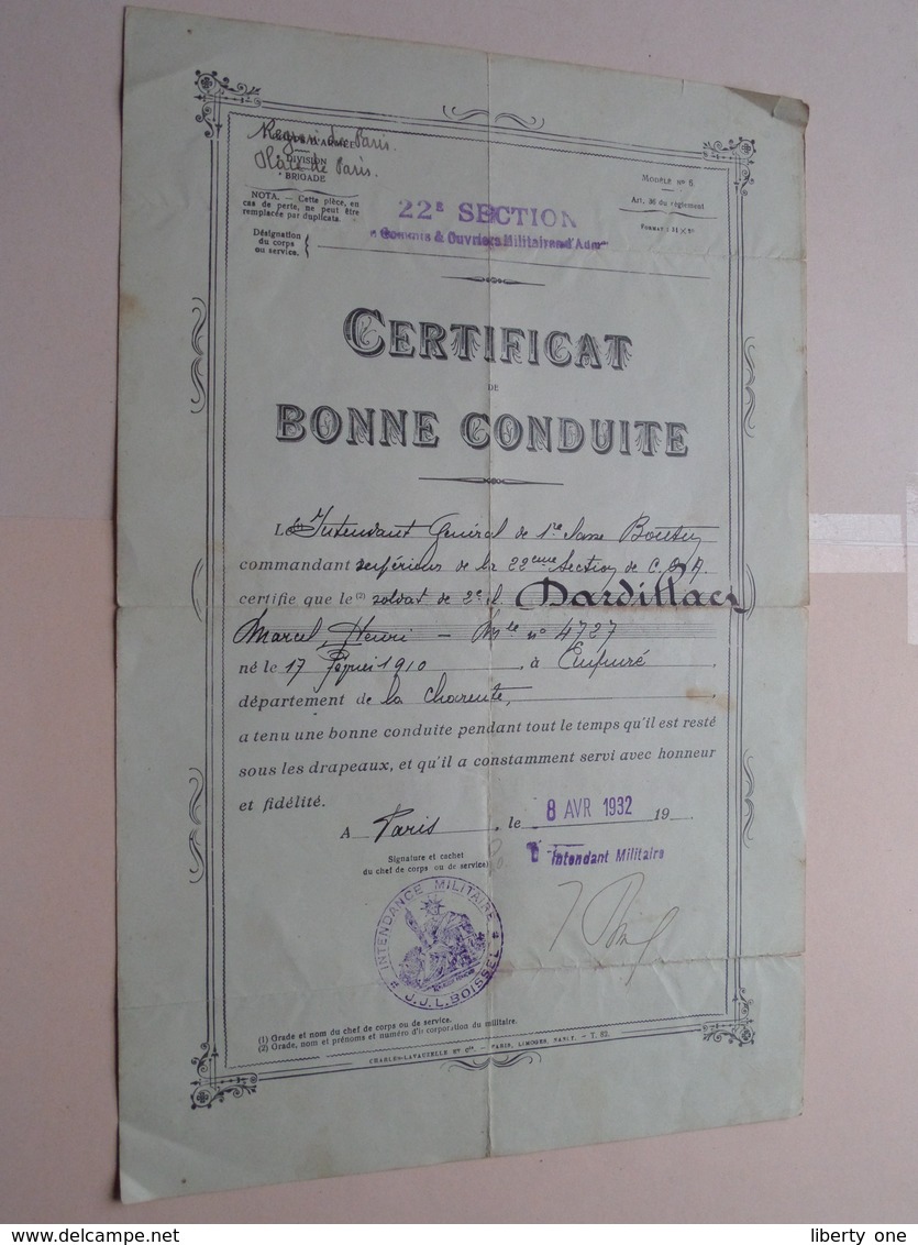 CERTIFICAT De Bonne CONDUITE Soldat ..... Né 1910 - Anno Paris 1932 ( Voir Le Document Pour Détail ) ! - Documents