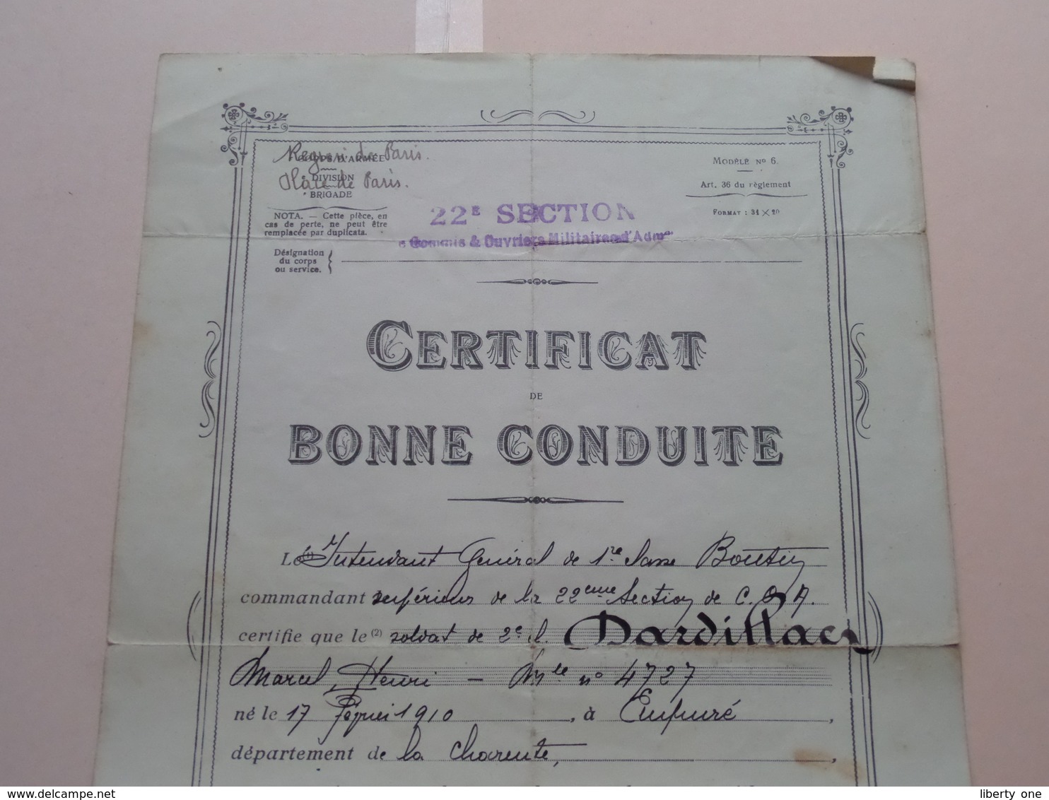 CERTIFICAT De Bonne CONDUITE Soldat ..... Né 1910 - Anno Paris 1932 ( Voir Le Document Pour Détail ) ! - Documenten