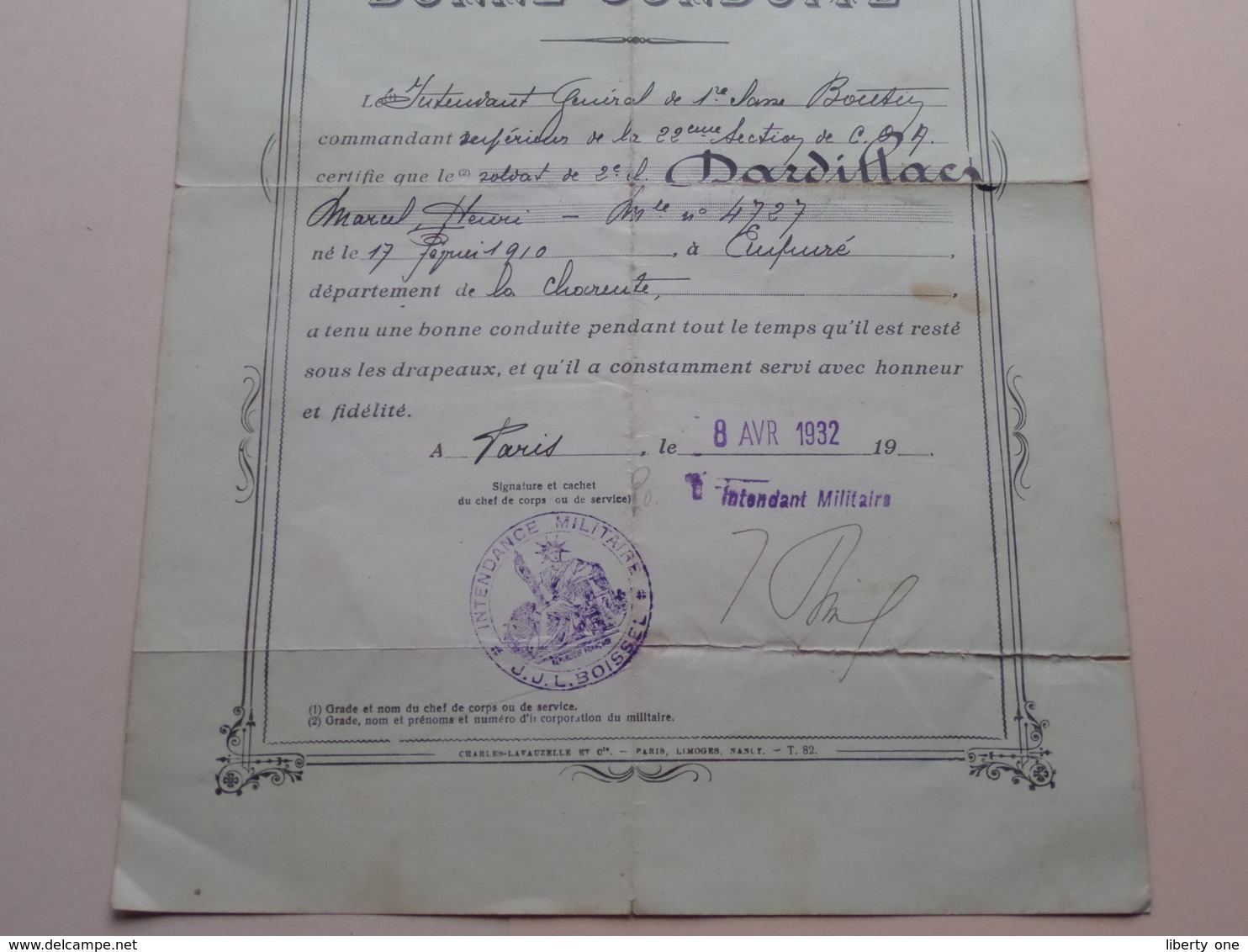 CERTIFICAT De Bonne CONDUITE Soldat ..... Né 1910 - Anno Paris 1932 ( Voir Le Document Pour Détail ) ! - Documents