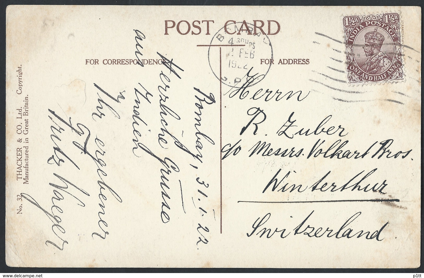 4in. Lake Vehar. Bombay. Post Of 1922 Bombay (India) Winterthur (Switzerland) Perfins. - Indien