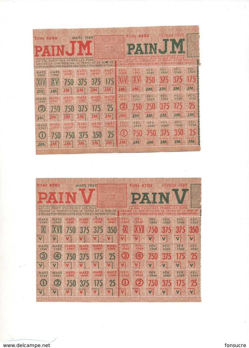 2 Carnets De Tickets De Rationnement Pain JM & V Février Mars 1949 Titre 4686 & 4701 Neufs - Altri & Non Classificati