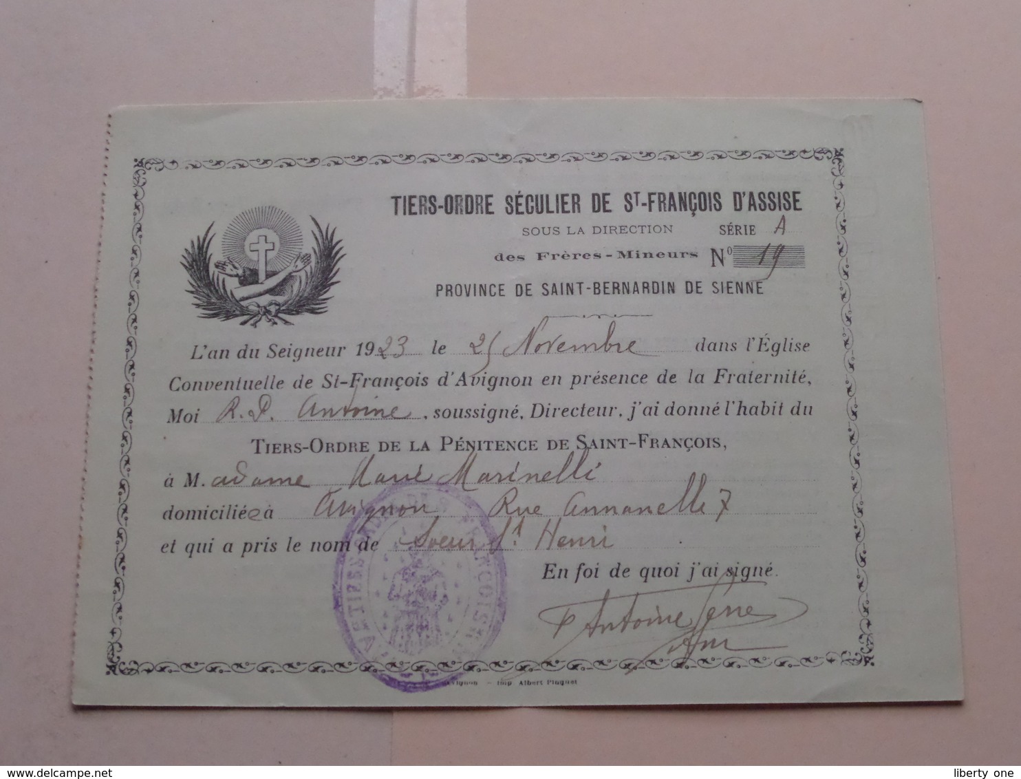 TIERS-ORDRE Séculier De St. François  D'Assise / Province De Saint-Bernardin De Sienne / Anno 1923 ( Voir Docu Svp ) ! - Religion &  Esoterik