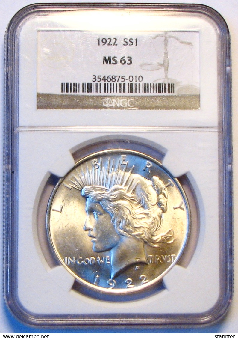 1922 Peace Silver Dollar. NGC Certified MS63. M17. - 1921-1935: Peace