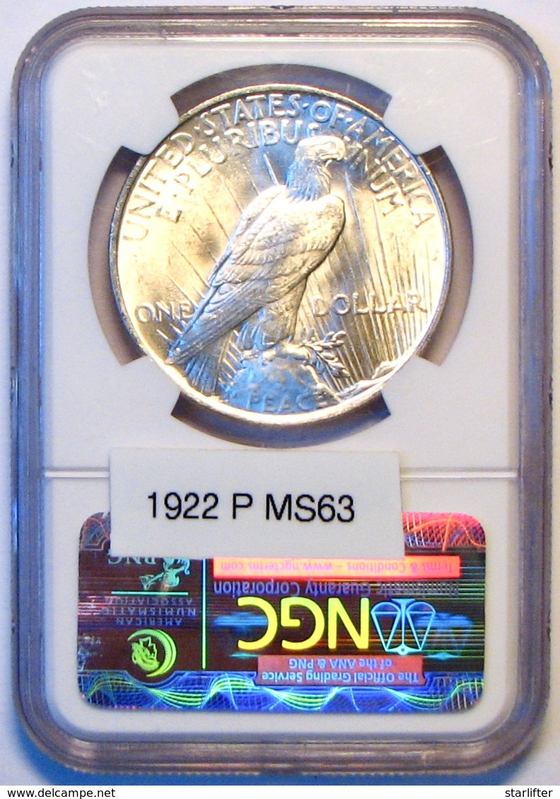 1922 Peace Silver Dollar. NGC Certified MS63. M17. - 1921-1935: Peace