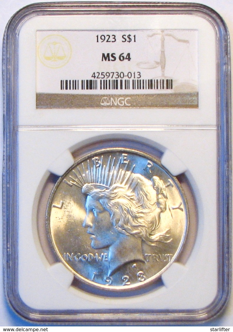 1923 Peace Silver Dollar. NGC Certified MS64. M17. - 1921-1935: Peace (Paix)