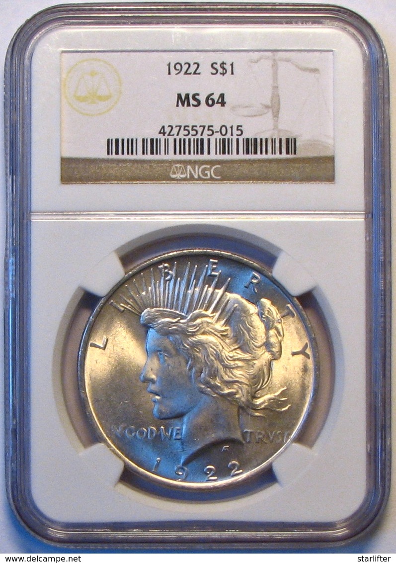 1922 Peace Silver Dollar. NGC Certified MS64. M18. - 1921-1935: Peace (Paix)