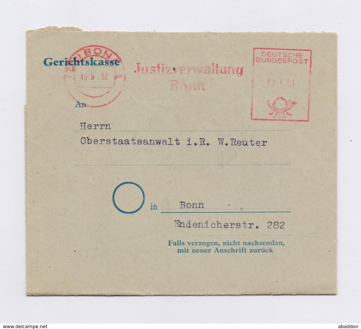 Dienstbrief Rechnung AFS - BONN, Justizverwaltung 1952 + Vignette - Franking Machines (EMA)