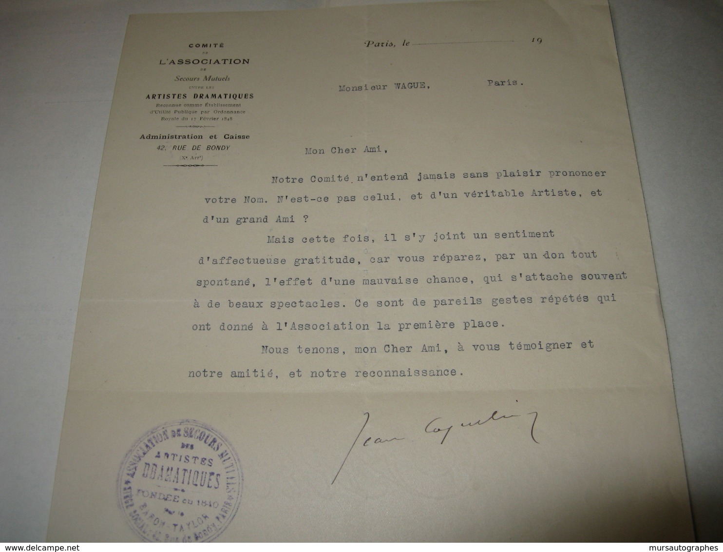 LETTRE SIGNEE DE JEAN COQUELIN 1930 ACTEUR COMEDIE-FRANCAISE DIRECTEUR THEATRES PARIS Au MIME WAGUE - Autres & Non Classés