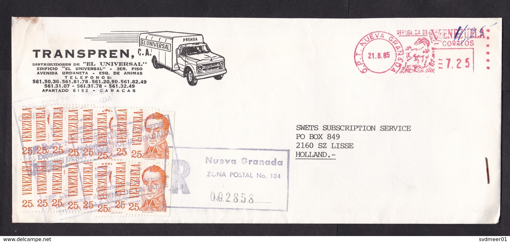 Venezuela: Registered Cover To Netherlands, 1985, 16 Stamps & Meter Cancel, Inflation?, Transport (minor Discolouring) - Venezuela