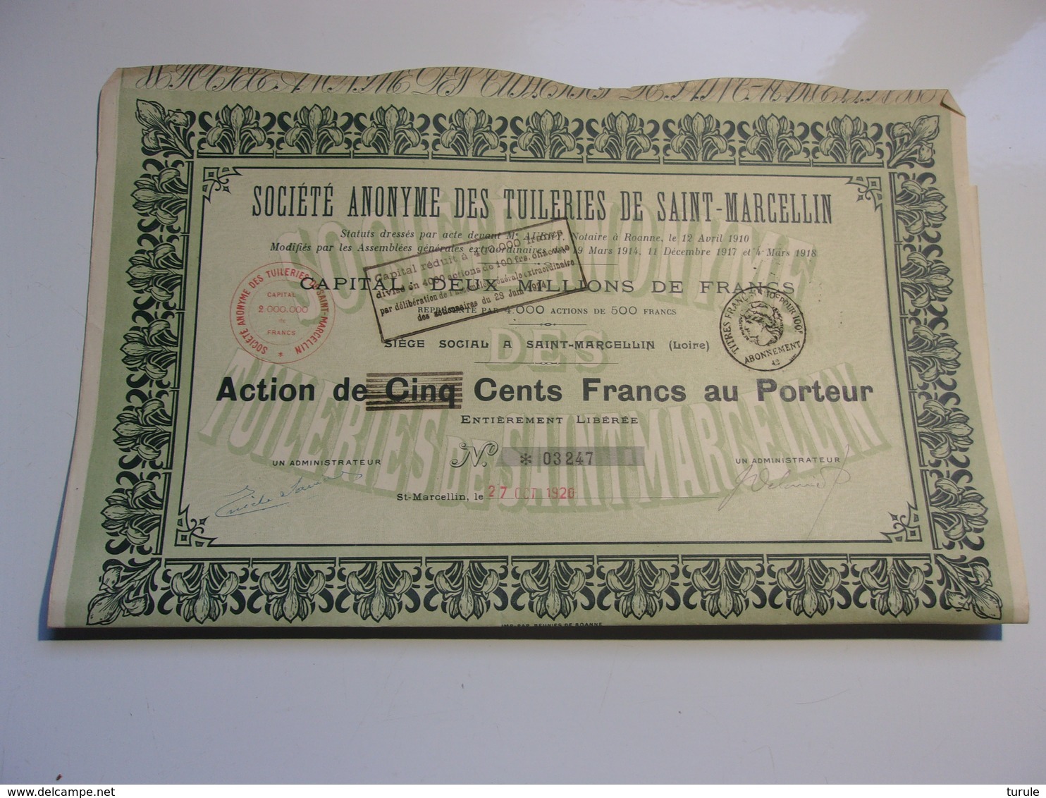 TUILERIES DE SAINT MARCELLIN (500 Francs) LOIRE - Autres & Non Classés