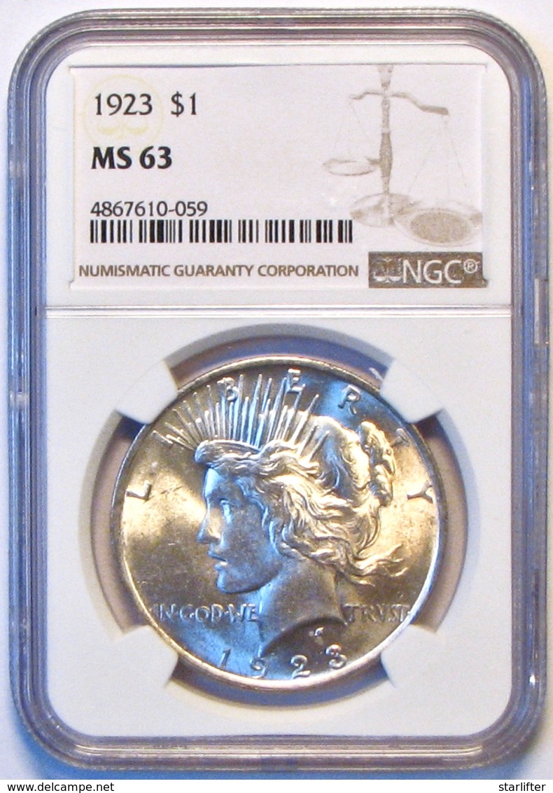 1923 Peace Silver Dollar. NGC Certified MS63. M20. - 1921-1935: Peace