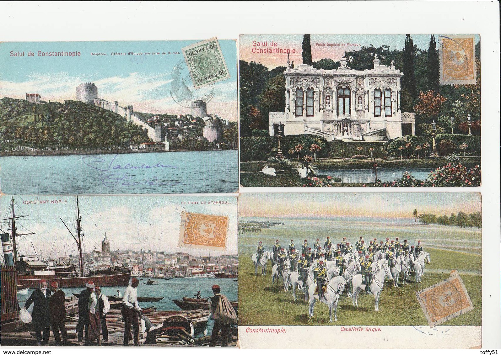 4 CPA COULEUR:TURQUIE CONSTANTINOPLE PORT DE STAMBOUL,PALAIS IMPÉRIAL DE FLAMOUR,BOSPHORE CHÂTEAU,CAVALERIE TURQUE - Turquie