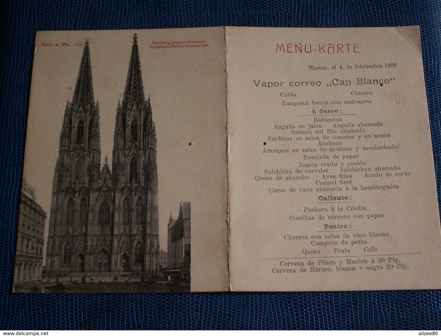 ANCIEN   KARTE  MENU  Du 04/12/1906 -  Avec Cathédrale De Cologne - Menus