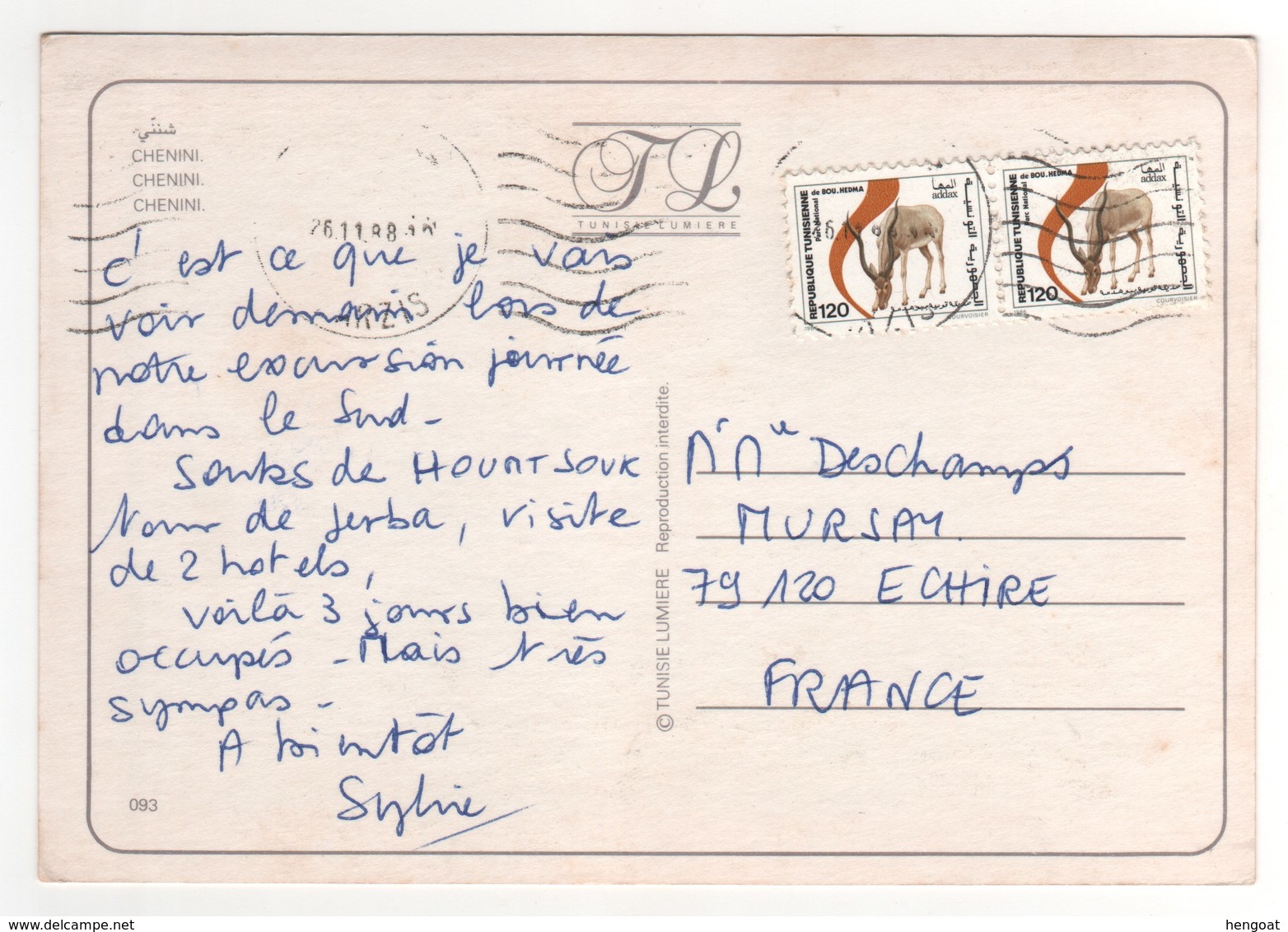 Beaux Timbres " Gazelles " , Stamps Sur Cp , Carte , Postcard Pour La France Du 26/11/1988 - Tunisie (1956-...)