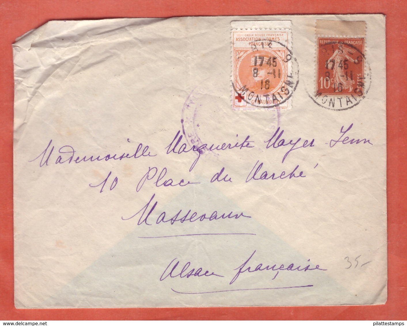 FRANCE VIGNETTE CROIX ROUGE SUR LETTRE DE 1916 DE PARIS POUR MASSEVAUX - Red Cross