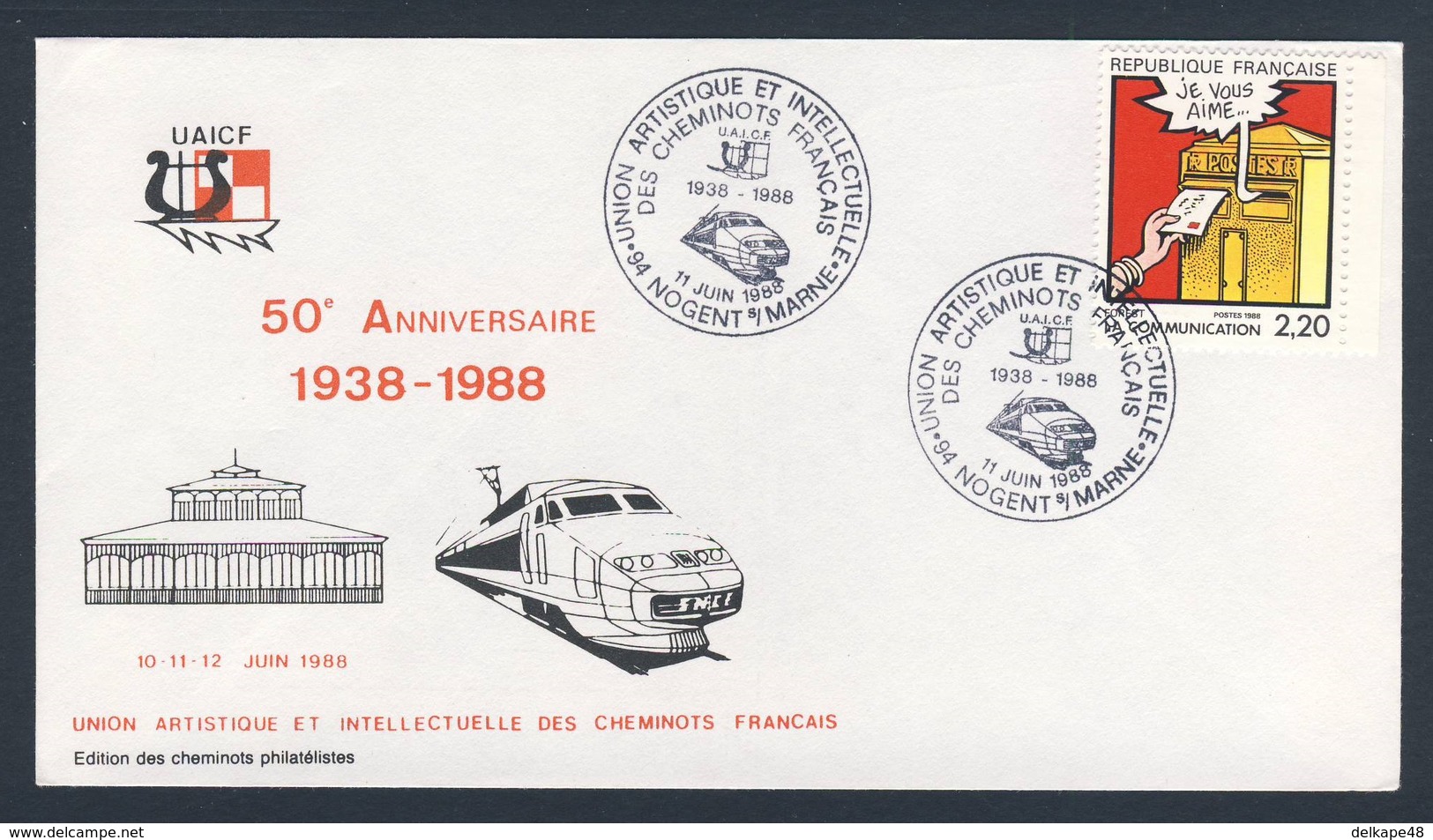 France Rep. Française 1988 Cover / Brief / Enveloppe - 50e Ann. UAICF 1938-1988 - Union Artistique Et Intellectuelle - Treinen