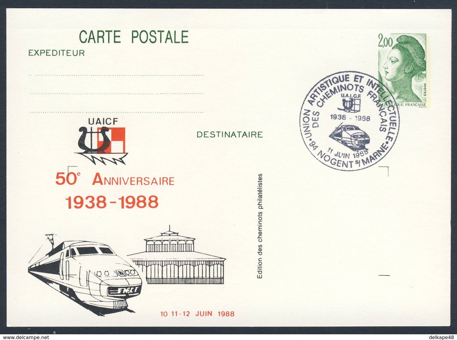 France Rep. Française 1988 Card / Karte / Carte Postale - 50e Ann. UAICF 1938-1988 - Union Artistique Intellectuelle - Treni