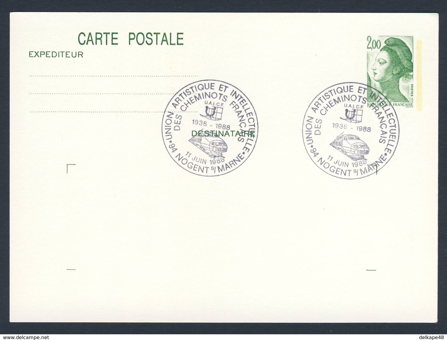 France Rep. Française 1988 Card / Karte / Carte Postale - 50e Ann. UAICF 1938-1988 - Union Artistique Intellectuelle - Treinen