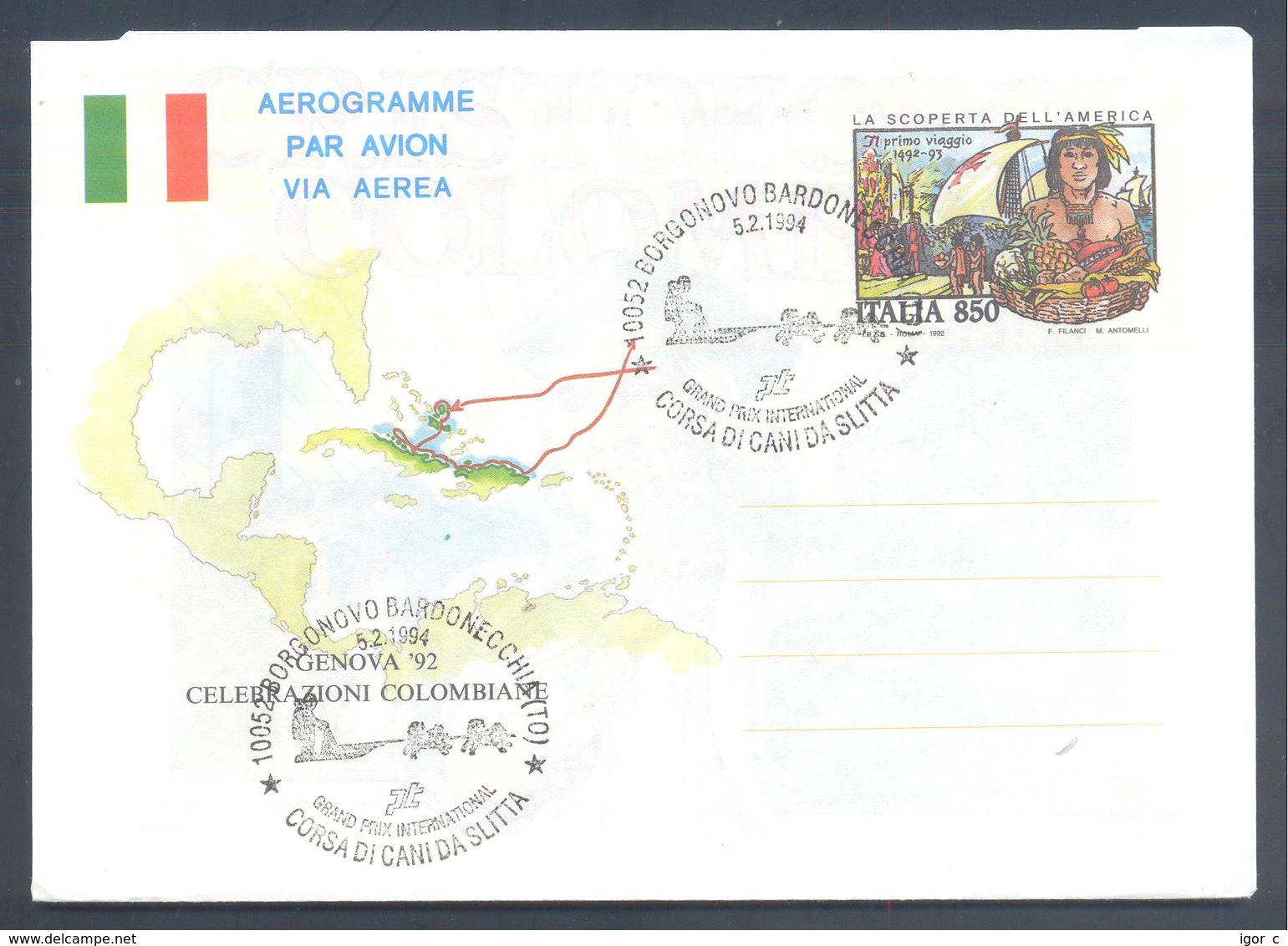 Italy 1994 Aerogramme Cover : Sled Dog Hund Cien; Schlittenhunde; Hasky; Grand Prix International Borgonovo - Sonstige & Ohne Zuordnung