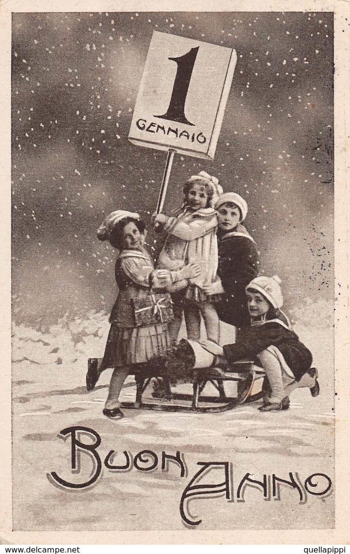 D8910 "BUON ANNO" BAMBINI CON CALENDARIO E SLITTA, NEVE. CART  SPED 1926 - Anno Nuovo